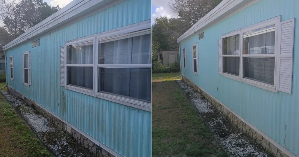 before and after cleaning mobile home exterior